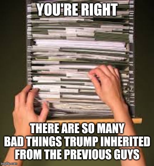 Filing cabinet | YOU'RE RIGHT THERE ARE SO MANY BAD THINGS TRUMP INHERITED FROM THE PREVIOUS GUYS | image tagged in filing cabinet | made w/ Imgflip meme maker