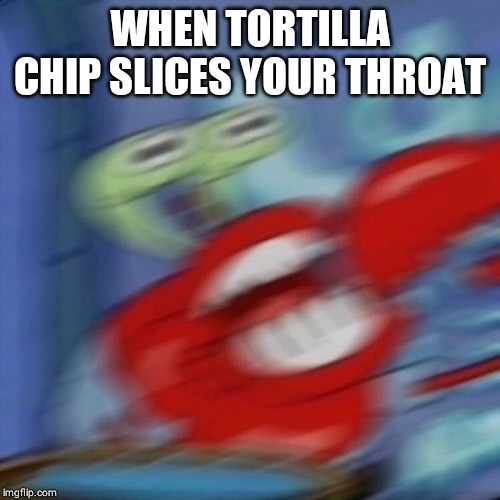mr crabs | WHEN TORTILLA CHIP SLICES YOUR THROAT | image tagged in mr crabs | made w/ Imgflip meme maker