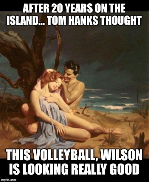 tom hanks | AFTER 20 YEARS ON THE ISLAND… TOM HANKS THOUGHT; THIS VOLLEYBALL, WILSON IS LOOKING REALLY GOOD | image tagged in tom hanks,wilson,covid-19 | made w/ Imgflip meme maker