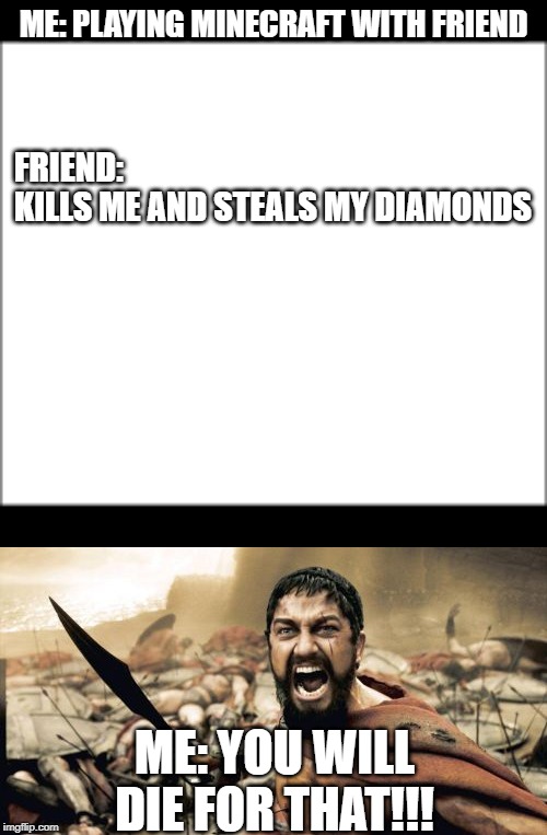 ME: PLAYING MINECRAFT WITH FRIEND; FRIEND: 
KILLS ME AND STEALS MY DIAMONDS; ME: YOU WILL DIE FOR THAT!!! | image tagged in memes,sparta leonidas | made w/ Imgflip meme maker