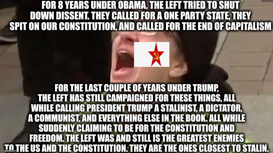 Screaming Liberal  | FOR 8 YEARS UNDER OBAMA, THE LEFT TRIED TO SHUT DOWN DISSENT. THEY CALLED FOR A ONE PARTY STATE, THEY SPIT ON OUR CONSTITUTION, AND CALLED FOR THE END OF CAPITALISM; FOR THE LAST COUPLE OF YEARS UNDER TRUMP, THE LEFT HAS STILL CAMPAIGNED FOR THESE THINGS, ALL WHILE CALLING PRESIDENT TRUMP A STALINIST, A DICTATOR, A COMMUNIST, AND EVERYTHING ELSE IN THE BOOK. ALL WHILE SUDDENLY CLAIMING TO BE FOR THE CONSTITUTION AND FREEDOM. THE LEFT WAS AND STILL IS THE GREATEST ENEMIES TO THE US AND THE CONSTITUTION. THEY ARE THE ONES CLOSEST TO STALIN. | image tagged in screaming liberal,communist socialist,democratic party,democratic socialism,democrats,liberal logic | made w/ Imgflip meme maker