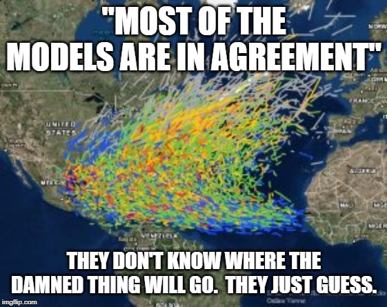 "MOST OF THE MODELS ARE IN AGREEMENT"; THEY DON'T KNOW WHERE THE DAMNED THING WILL GO.  THEY JUST GUESS. | image tagged in hurricane | made w/ Imgflip meme maker