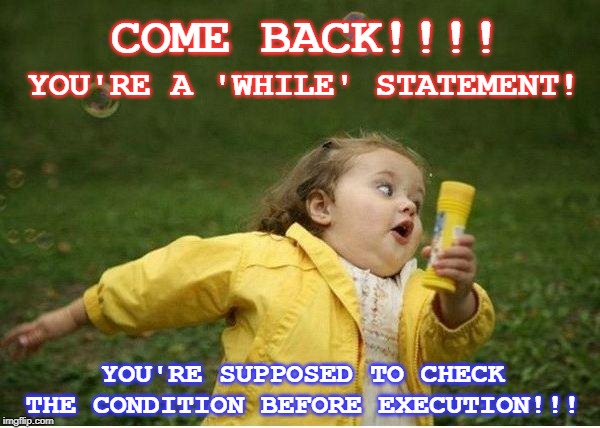 Chubby Bubbles Girl Meme | COME BACK!!!! YOU'RE A 'WHILE' STATEMENT! YOU'RE SUPPOSED TO CHECK THE CONDITION BEFORE EXECUTION!!! | image tagged in memes,chubby bubbles girl | made w/ Imgflip meme maker