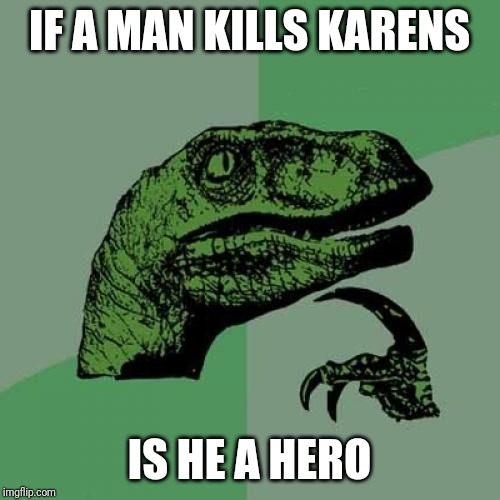 Philosoraptor | IF A MAN KILLS KARENS; IS HE A HERO | image tagged in memes,philosoraptor | made w/ Imgflip meme maker