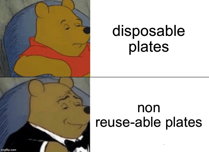 based on a true story | disposable plates; non reuse-able plates | image tagged in memes,tuxedo winnie the pooh | made w/ Imgflip meme maker