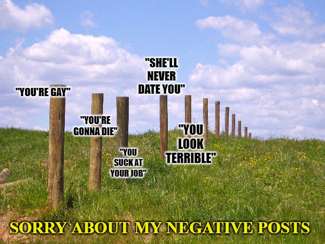 "SHE'LL NEVER DATE YOU"; "YOU'RE GAY"; "YOU'RE GONNA DIE"; "YOU LOOK TERRIBLE"; "YOU SUCK AT YOUR JOB"; SORRY ABOUT MY NEGATIVE POSTS | image tagged in memes,posts,negative posts,haters | made w/ Imgflip meme maker