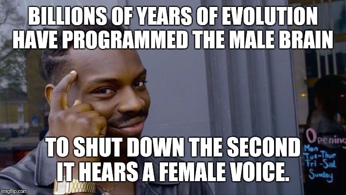 Roll Safe Think About It Meme | BILLIONS OF YEARS OF EVOLUTION HAVE PROGRAMMED THE MALE BRAIN TO SHUT DOWN THE SECOND IT HEARS A FEMALE VOICE. | image tagged in memes,roll safe think about it | made w/ Imgflip meme maker