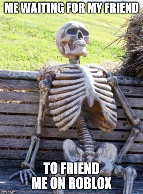 Waiting Skeleton Meme | ME WAITING FOR MY FRIEND; TO FRIEND ME ON ROBLOX | image tagged in memes,waiting skeleton | made w/ Imgflip meme maker