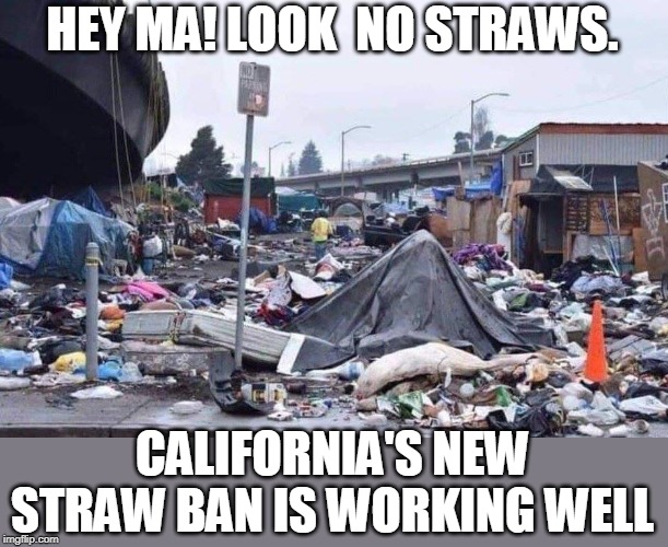 california straw ban | HEY MA! LOOK  NO STRAWS. CALIFORNIA'S NEW STRAW BAN IS WORKING WELL | image tagged in california tent city,homeless,straw ban | made w/ Imgflip meme maker