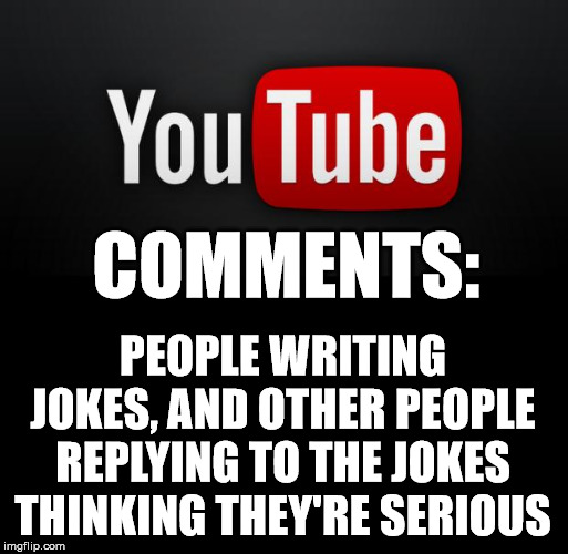 youtube | COMMENTS:; PEOPLE WRITING JOKES, AND OTHER PEOPLE REPLYING TO THE JOKES THINKING THEY'RE SERIOUS | image tagged in youtube | made w/ Imgflip meme maker