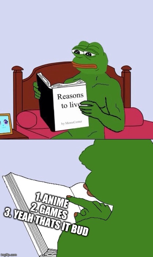 Blank Pepe Reasons to Live | 1. ANIME
2. GAMES
3. YEAH THATS IT BUD | image tagged in blank pepe reasons to live | made w/ Imgflip meme maker