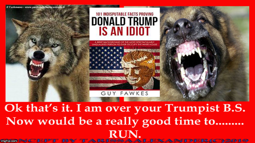 RUN YOU IDIOT | image tagged in trump,angry dog,guy fawkes,politics,liberal,republicans | made w/ Imgflip meme maker