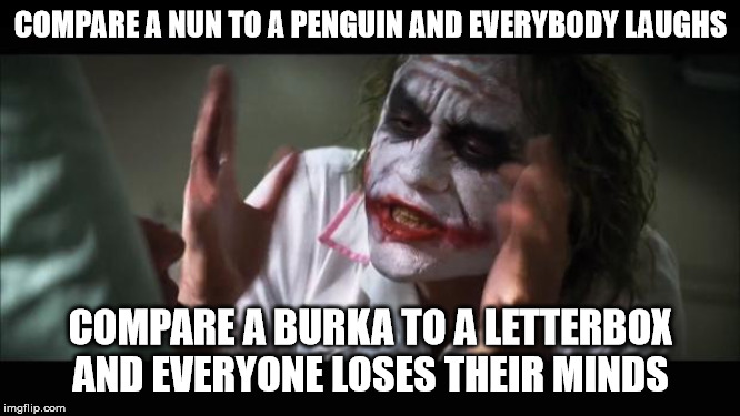 And everybody loses their minds Meme | COMPARE A NUN TO A PENGUIN AND EVERYBODY LAUGHS; COMPARE A BURKA TO A LETTERBOX AND EVERYONE LOSES THEIR MINDS | image tagged in memes,and everybody loses their minds | made w/ Imgflip meme maker