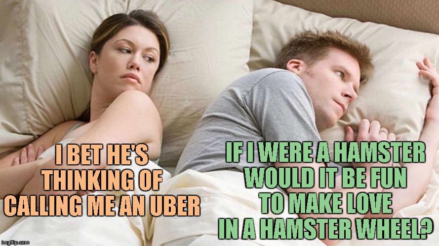 I Bet He's Thinking About Other Women Meme | I BET HE'S
THINKING OF
CALLING ME AN UBER IF I WERE A HAMSTER
WOULD IT BE FUN
TO MAKE LOVE IN A HAMSTER WHEEL? | image tagged in i bet he's thinking about other women | made w/ Imgflip meme maker