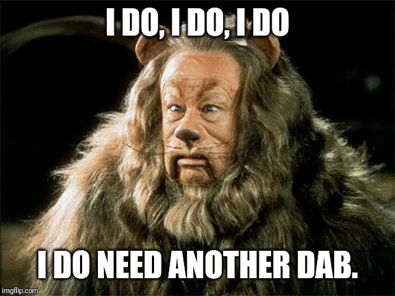 cowardly lion | I DO, I DO, I DO; I DO NEED ANOTHER DAB. | image tagged in cowardly lion | made w/ Imgflip meme maker