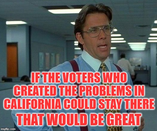 That Would Be California Voters | IF THE VOTERS WHO CREATED THE PROBLEMS IN CALIFORNIA COULD STAY THERE; THAT WOULD BE GREAT | image tagged in that would be great,california,problems,so true memes,voters,lol so funny | made w/ Imgflip meme maker
