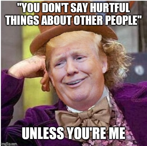 Wonka Trump | "YOU DON'T SAY HURTFUL THINGS ABOUT OTHER PEOPLE"; UNLESS YOU'RE ME | image tagged in wonka trump | made w/ Imgflip meme maker