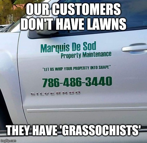 OUR CUSTOMERS DON'T HAVE LAWNS; THEY HAVE 'GRASSOCHISTS' | image tagged in bad pun | made w/ Imgflip meme maker