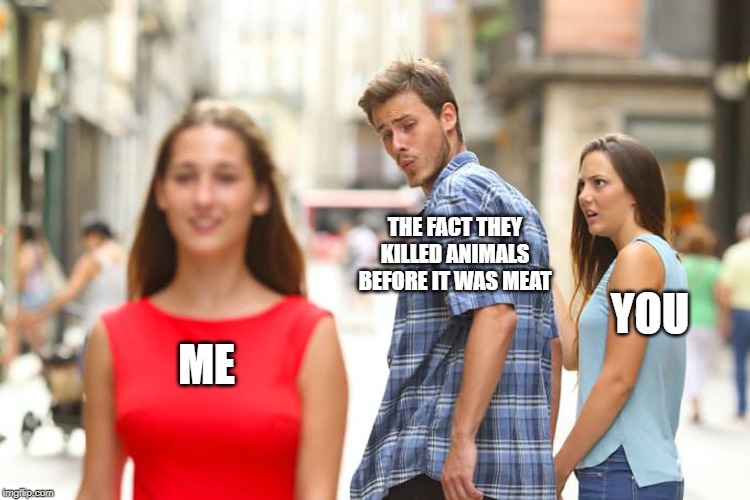 Distracted Boyfriend Meme | ME THE FACT THEY KILLED ANIMALS BEFORE IT WAS MEAT YOU | image tagged in memes,distracted boyfriend | made w/ Imgflip meme maker