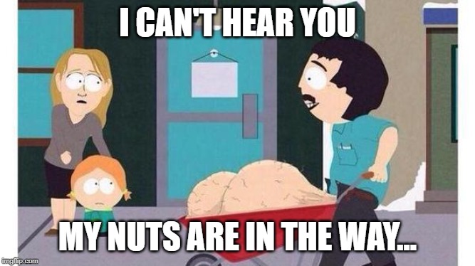 Randy Marsh Big Balls | I CAN'T HEAR YOU MY NUTS ARE IN THE WAY... | image tagged in randy marsh big balls | made w/ Imgflip meme maker