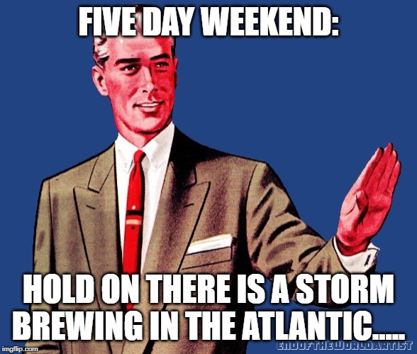 Five day weekend ruined. | FIVE DAY WEEKEND:; HOLD ON THERE IS A STORM BREWING IN THE ATLANTIC..... | image tagged in whoa there template | made w/ Imgflip meme maker