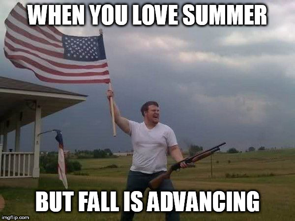 American flag shotgun guy | WHEN YOU LOVE SUMMER; BUT FALL IS ADVANCING | image tagged in american flag shotgun guy | made w/ Imgflip meme maker