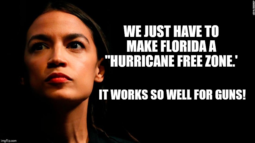 ocasio-cortez super genius | WE JUST HAVE TO MAKE FLORIDA A "HURRICANE FREE ZONE.'; IT WORKS SO WELL FOR GUNS! | image tagged in ocasio-cortez super genius | made w/ Imgflip meme maker