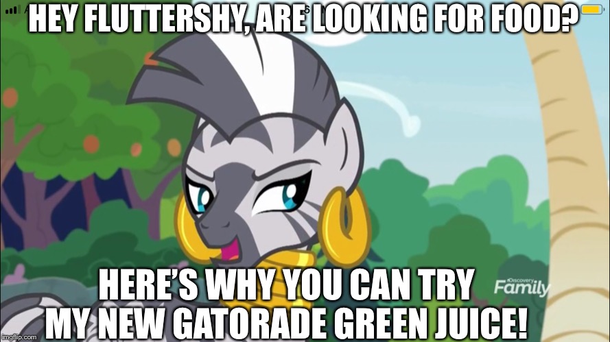 Zecora with her new green Gatorade bottles | HEY FLUTTERSHY, ARE LOOKING FOR FOOD? HERE’S WHY YOU CAN TRY MY NEW GATORADE GREEN JUICE! | image tagged in mlp fim,zebra | made w/ Imgflip meme maker