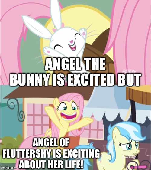 The changing with Angel and Fluttershy | ANGEL THE BUNNY IS EXCITED BUT; ANGEL OF FLUTTERSHY IS EXCITING ABOUT HER LIFE! | image tagged in mlp fim,angel,fluttershy,excited | made w/ Imgflip meme maker