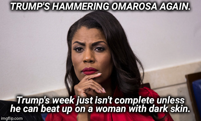 Racist? Sexist? Why not both? | TRUMP'S HAMMERING OMAROSA AGAIN. Trump's week just isn't complete unless he can beat up on a woman with dark skin. | image tagged in omarosa newsweek,trump,sexist,racist | made w/ Imgflip meme maker