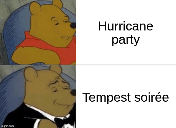 Tuxedo Winnie The Pooh Meme | Hurricane party; Tempest soirée | image tagged in memes,tuxedo winnie the pooh | made w/ Imgflip meme maker