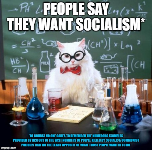 Chemistry Cat Meme | PEOPLE SAY THEY WANT SOCIALISM*; *OF COURSE NO ONE CARES TO REMEMBER THE NUMEROUS EXAMPLES PROVIDED BY HISTORY OF THE VAST NUMBERS OF PEOPLE KILLED BY SOCIALIST/COMMUNIST POLICIES THAT DO THE EXACT OPPOSITE OF WHAT THOSE PEOPLE WANTED TO DO | image tagged in memes,chemistry cat | made w/ Imgflip meme maker