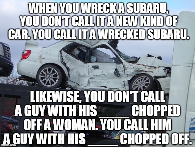  WHEN YOU WRECK A SUBARU, YOU DON'T CALL IT A NEW KIND OF CAR. YOU CALL IT A WRECKED SUBARU. LIKEWISE, YOU DON'T CALL A GUY WITH HIS ____ CHOPPED OFF A WOMAN. YOU CALL HIM A GUY WITH HIS ____ CHOPPED OFF. | image tagged in transgender | made w/ Imgflip meme maker