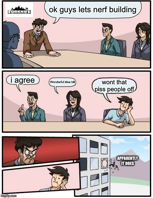 forknife industerys | ok guys lets nerf building; i agree; Wonderful idea bill; wont that piss people off; APPARENTLY IT DOES | image tagged in memes,boardroom meeting suggestion | made w/ Imgflip meme maker