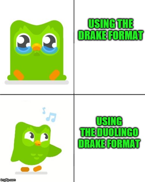 Try it out! | USING THE DRAKE FORMAT; USING THE DUOLINGO DRAKE FORMAT | image tagged in duolingo drake meme,drake hotline bling,memes | made w/ Imgflip meme maker