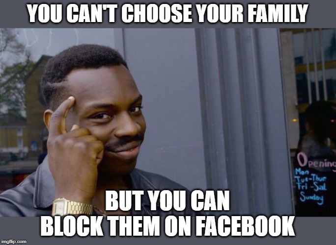 Thank goodness for modern tech. | YOU CAN'T CHOOSE YOUR FAMILY; BUT YOU CAN BLOCK THEM ON FACEBOOK | image tagged in memes,roll safe think about it | made w/ Imgflip meme maker