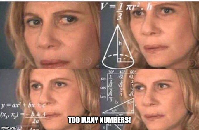 Math lady/Confused lady | TOO MANY NUMBERS! | image tagged in math lady/confused lady | made w/ Imgflip meme maker