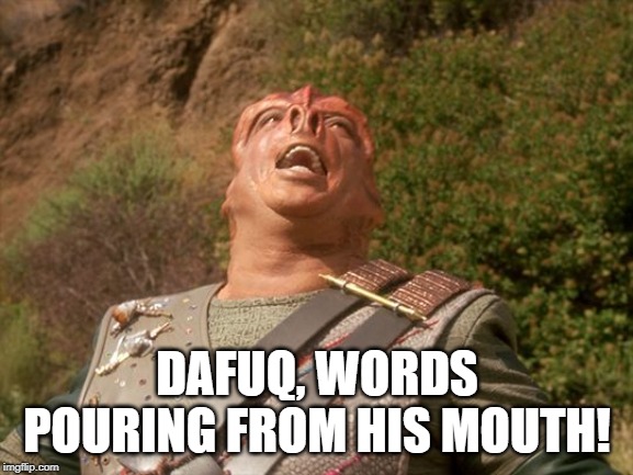 darmok | DAFUQ, WORDS POURING FROM HIS MOUTH! | image tagged in darmok | made w/ Imgflip meme maker