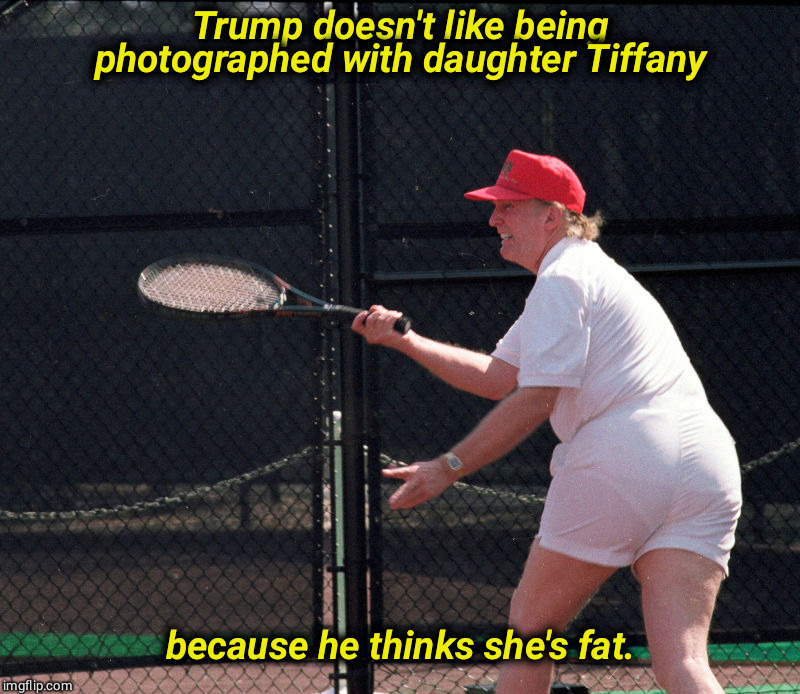 Say wha'? | Trump doesn't like being photographed with daughter Tiffany; because he thinks she's fat. | image tagged in trump's fat ass,trump,tiffany,fat | made w/ Imgflip meme maker