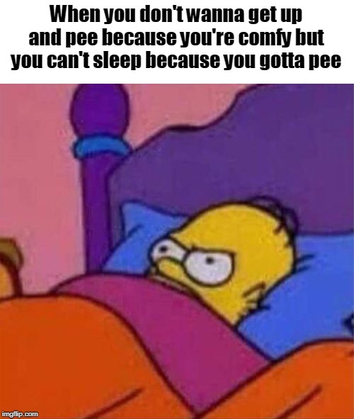 angry homer simpson in bed | When you don't wanna get up and pee because you're comfy but you can't sleep because you gotta pee | image tagged in angry homer simpson in bed | made w/ Imgflip meme maker