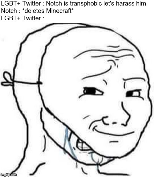 i am fine wojak | LGBT+ Twitter : Notch is transphobic let's harass him; Notch : *deletes Minecraft*; LGBT+ Twitter : | image tagged in i am fine wojak | made w/ Imgflip meme maker