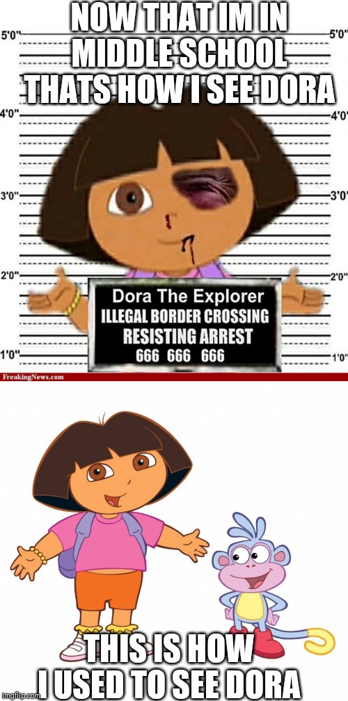NOW THAT IM IN MIDDLE SCHOOL THATS HOW I SEE DORA; THIS IS HOW I USED TO SEE DORA | image tagged in dora the explorer,dora | made w/ Imgflip meme maker
