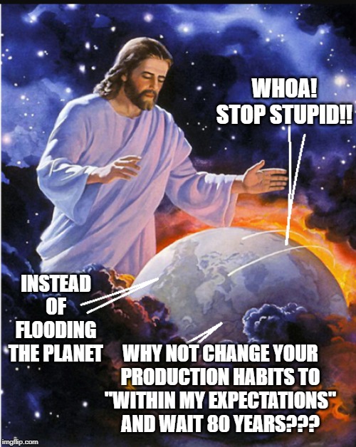 When Logic Strikes | WHOA! STOP STUPID!! INSTEAD OF FLOODING THE PLANET; WHY NOT CHANGE YOUR PRODUCTION HABITS TO "WITHIN MY EXPECTATIONS" AND WAIT 80 YEARS??? | image tagged in religion | made w/ Imgflip meme maker