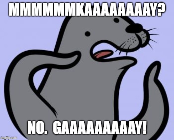 Homophobic Seal Meme | MMMMMMKAAAAAAAAY? NO.  GAAAAAAAAAY! | image tagged in memes,homophobic seal | made w/ Imgflip meme maker