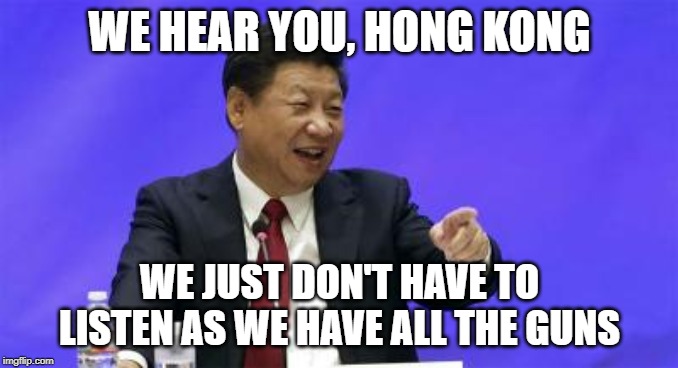 Xi Jinping Laughing | WE HEAR YOU, HONG KONG; WE JUST DON'T HAVE TO LISTEN AS WE HAVE ALL THE GUNS | image tagged in xi jinping laughing | made w/ Imgflip meme maker