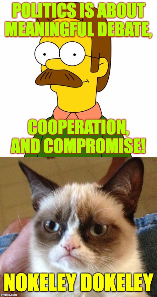 I see it now.  That moustache does make him look kinda suspicious. | POLITICS IS ABOUT
MEANINGFUL DEBATE, COOPERATION, AND COMPROMISE! NOKELEY DOKELEY | image tagged in memes,grumpy cat,ned flanders,politics,imgflip | made w/ Imgflip meme maker
