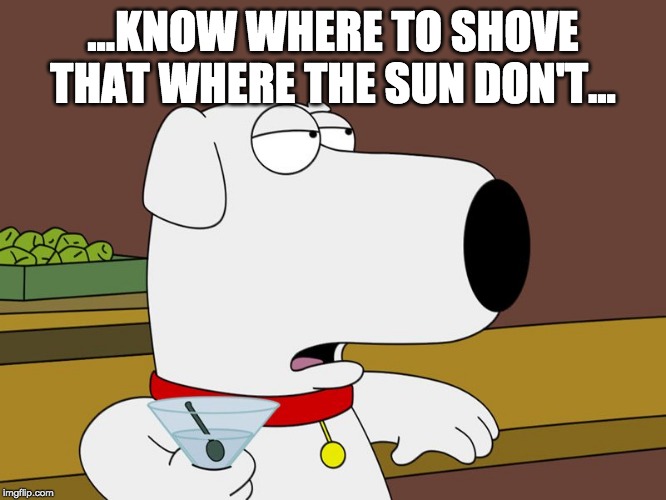 Brian Griffin | ...KNOW WHERE TO SHOVE THAT WHERE THE SUN DON'T... | image tagged in brian griffin | made w/ Imgflip meme maker