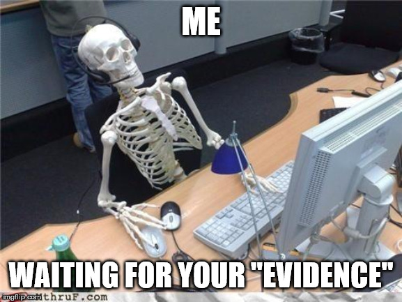 Waiting skeleton | ME WAITING FOR YOUR "EVIDENCE" | image tagged in waiting skeleton | made w/ Imgflip meme maker