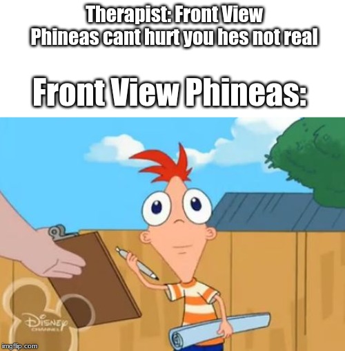 "Phineas and Ferb Week Sept 1-7 a FoxMonX Event" tag your memes with "phineas and ferb week" so i can find them and comment! |  Therapist: Front View Phineas cant hurt you hes not real; Front View Phineas: | image tagged in phineas stare,phineas and ferb,phineas and ferb week,funny,memes | made w/ Imgflip meme maker