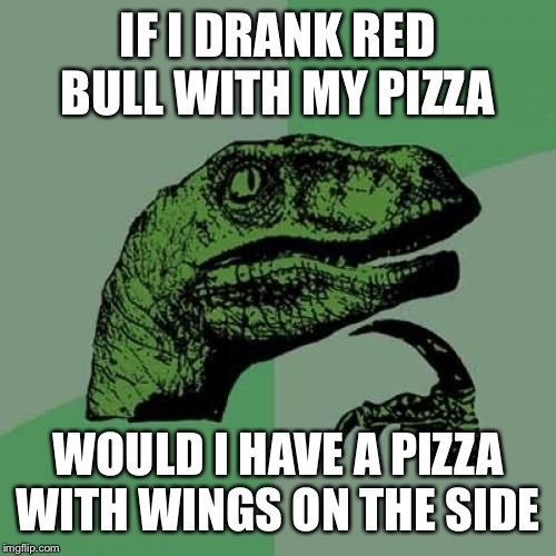 Philosoraptor Meme | IF I DRANK RED BULL WITH MY PIZZA; WOULD I HAVE A PIZZA WITH WINGS ON THE SIDE | image tagged in memes,philosoraptor | made w/ Imgflip meme maker